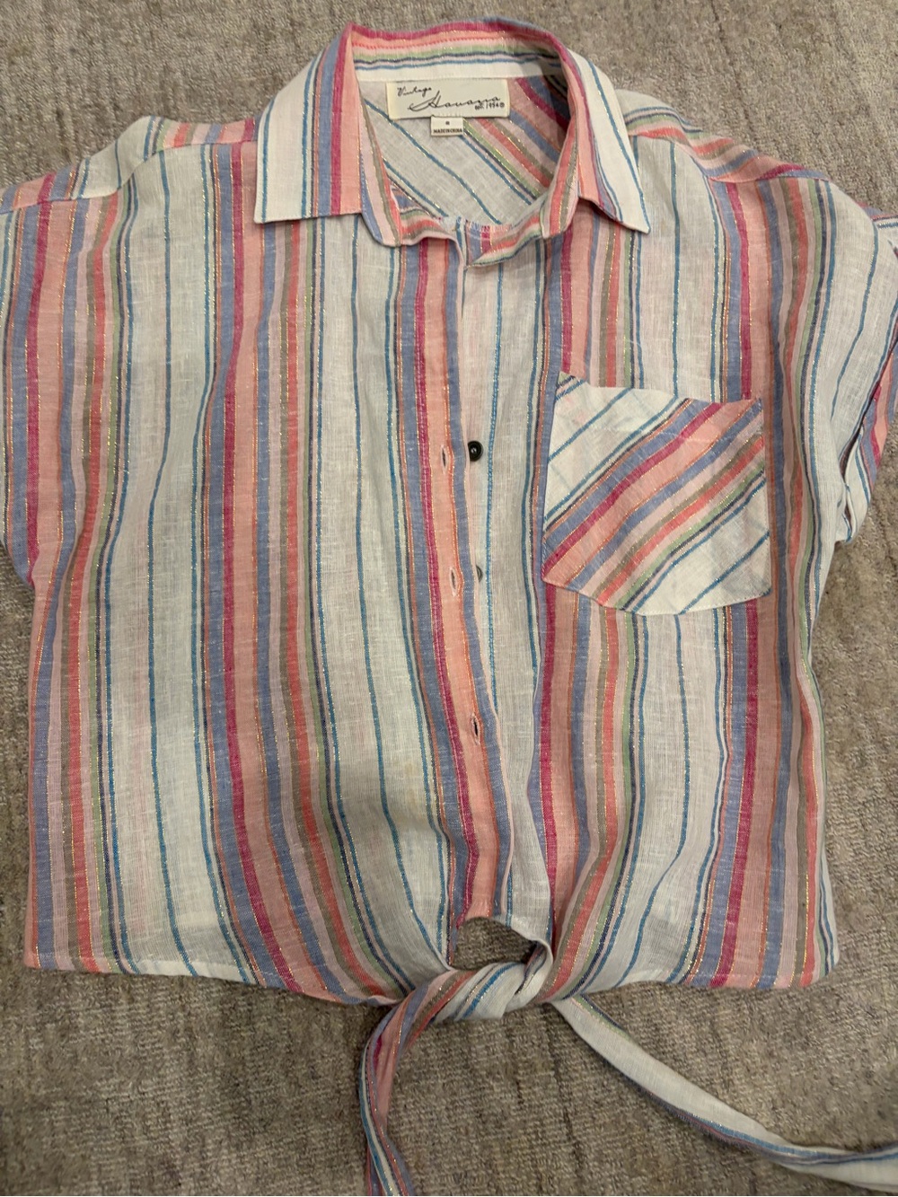 Vintage Havana Multicolor Striped Tie-Front Shirt — Blue, Pink, Green